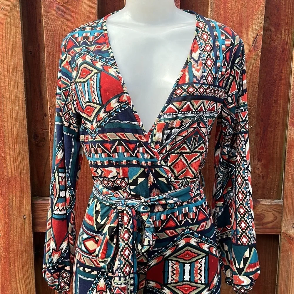 Impulsive Women’s Print Long Sleeve Deep-V Wide Leg Jumpsuit Size M - Picture 9 of 12